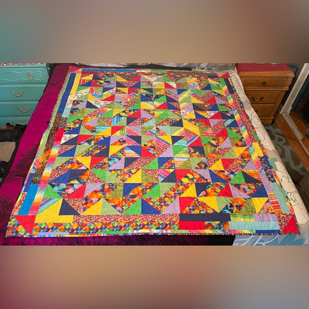 NWT Handmade 1/2 Triangle Pattern Quilt With Rainbow Colors